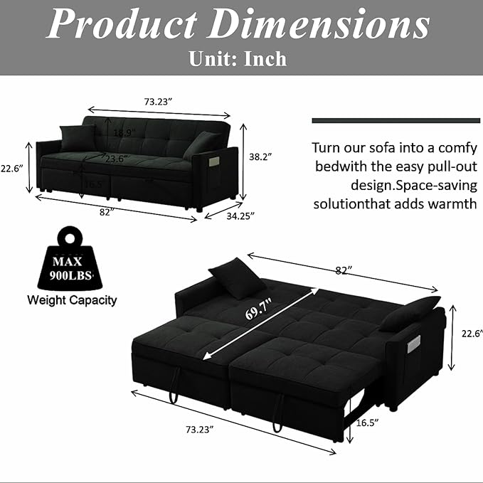 King Size Pull Out Sofa Bed 4-in-1 Convertible Sofa Bed Couch Chenille 3 Seaters Sofa Sleeper with Dual Pull Out Bed &amp Adjustable Backrest for Living Room Black