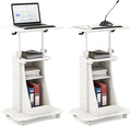 POWERSTONE 2PCS Sit to Stand Mobile Lectern Teacher Podium Portable Height Adjustable Podium Stand Rolling Laptop Desk Cart with Storage Shelf Swivel Top for Classroom Concert Church White