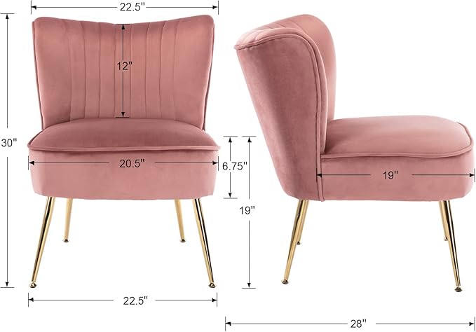 Pink Velvet Accent Chairs Set of 2 with Golden Legs Upholstered Side Chairs Mid-Century Modern Slipper Chairs for Guest Room Comfy Armless Wingback Corner Single Sofa Living Room Chairs