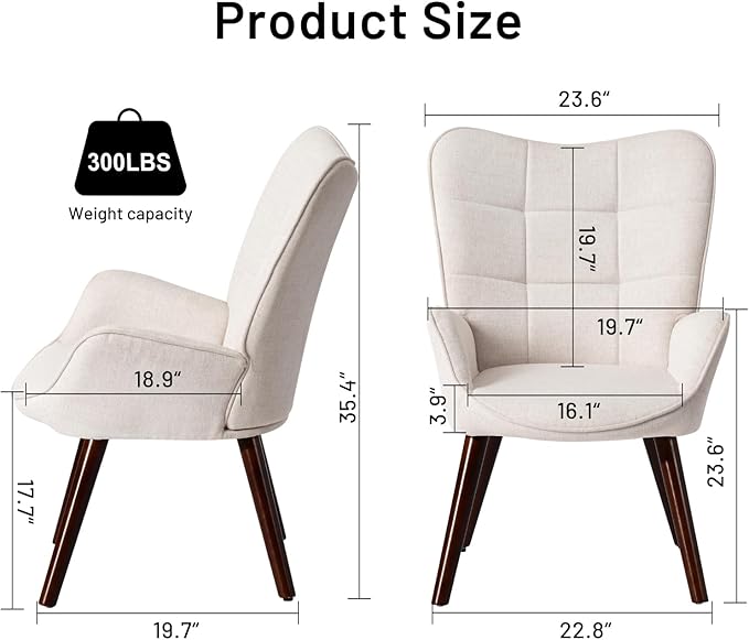 FurnitureR Tufted Wingback Accent Chair for Bedroom/Lounge Leisure Armchairs High Back Ergonomic Fabric Upholstered Living Room Chair Comfortable Stylish with Solid Wood Legs Beige/Walnut