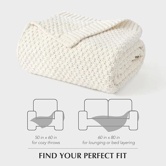 EVERGRACEHOME Chunky Chenille Knit Throw Blanket for Couch Soft Luxurious Moss Stitch Blankets for Bed Cozy Decorative Farmhouse Knitted Throws for Sofa Bright White 50 x 60