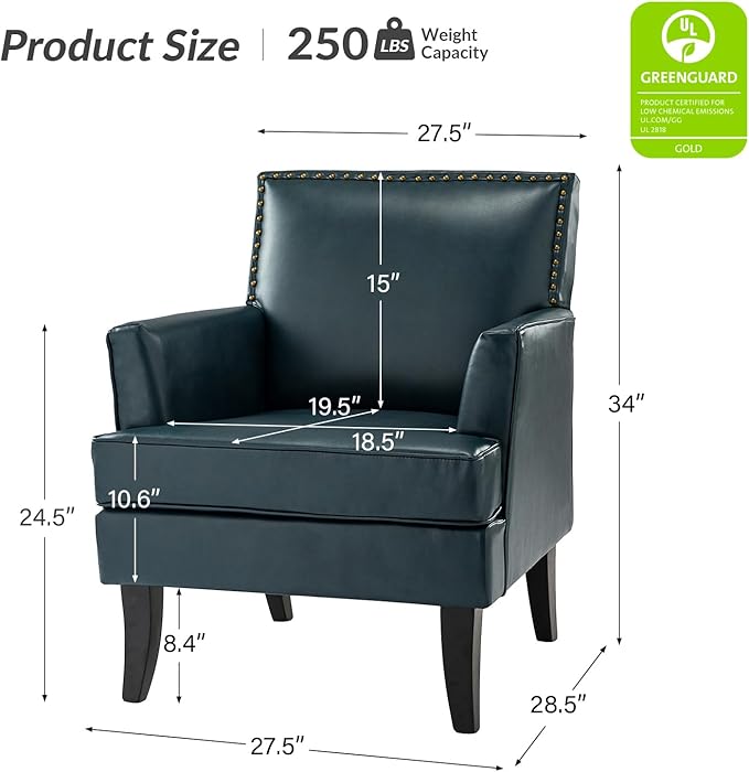 HULALA HOME Modern Faux Leather Accent Chair Comfy Upholstered Sofa Chair with Nailhead Trim Living Room Bedroom Armchair with Wood Legs Turquoise