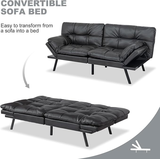 MUUEGM Futon Sofa Bed Convertible CouchMemory Foam Futon Sofa CouchSleeper Futons Sofa CouchesSmall Splitback Modern Loveseat Sofa Bed for Living RoomOfficeApartmentFaux LeatherMatte Black.