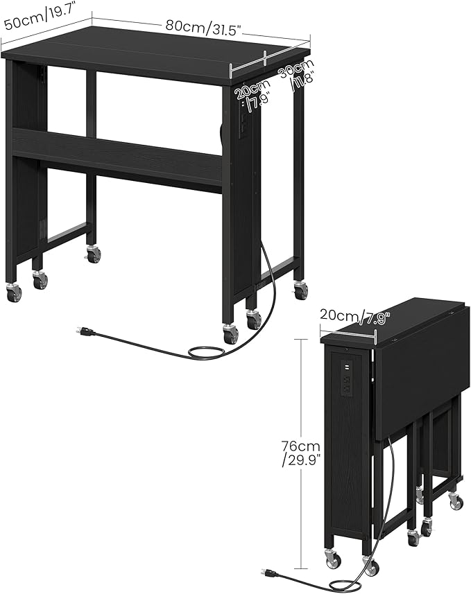 31.5 Modern Folding Computer Desk with Power Outlets Wheels Storage Perfect for Small Spaces Black TDN01UBB