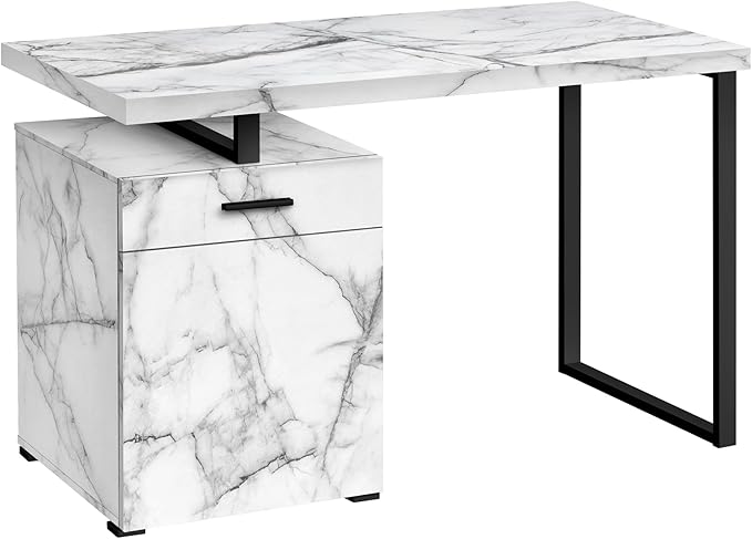 Computer Desk Home Office Laptop Left Right Set up Storage Drawers 48 l Work White Marble Look Laminate Black Metal Contemporary Modern