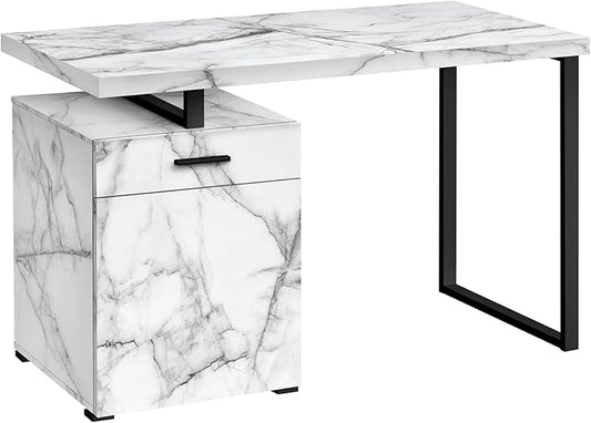 Computer Desk Home Office Laptop Left Right Set up Storage Drawers 48 l Work White Marble Look Laminate Black Metal Contemporary Modern