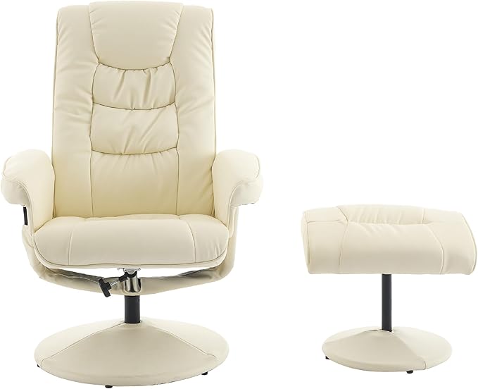 Pushback Recliner ChairComfy Wingback Adjustable Backrest Artificial Leather Accent Armchair with Footstool Trim &amp Wood Base Swivel Sofa Chair for Living Room Office Home Theater Bedroom (Beige)
