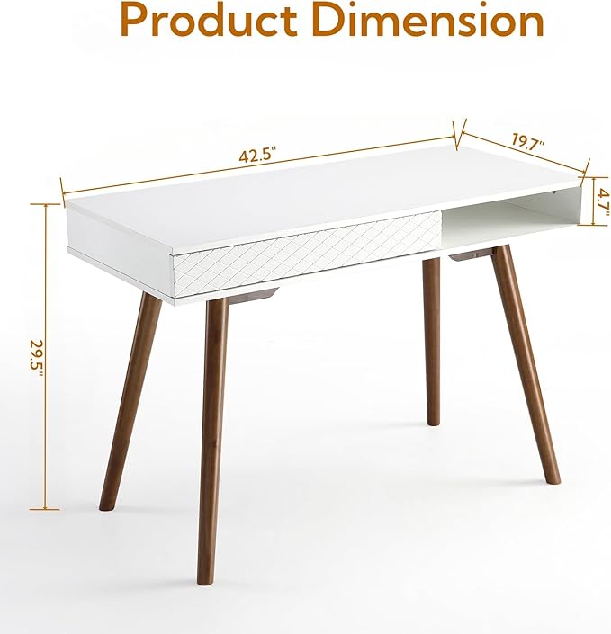 GarveeHome 42 in Mid Century Home Office Writing Desk Modern Simple Computer Desk with Drawer and Open Storage Cubby Small Vanity Table Desk for Bedroom White