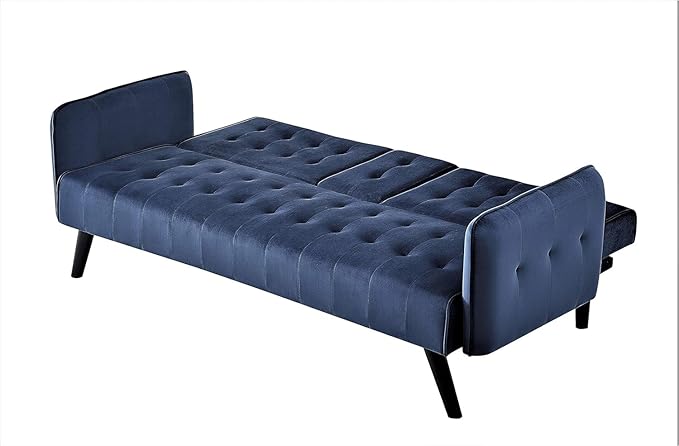 Container Furniture Direct 72 Velvet Convertible Sofa Bed with Cup Holders Tufted Folding Futon Sleeper Couch Mid-Century Modern 3 Seater for Small Spaces 72 L x 34.6 D x 31 H Dark Blue