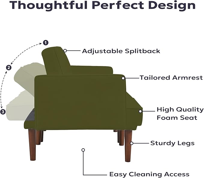 71 Velvet Futon Sofa Bed Versatile Loveseat Couch Sleeper Sofa with Adjustable Backrest Mid Century Modern Futon Couch for Small Space Living Room Office &amp Apartment Velvet Fabric Green