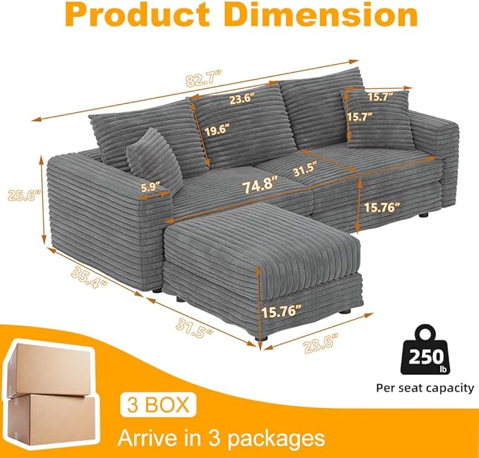 Cloud L Shaped Couch Modular Sectional Sofa 3 Seater Corduroy Cloud Sofa Couch with Ottoman 82.7'' Oversized Chaise Lounge Sleeper Sofas Deep Seat Sectional Couches for Living Room Grey