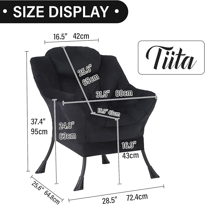 Tiita Lazy Chair Black Modern Large Accent Armchair Comfy Leisure Sofa Reading Chair for Bedroom Living Room Dorm Rooms Garden and Courtyard Black