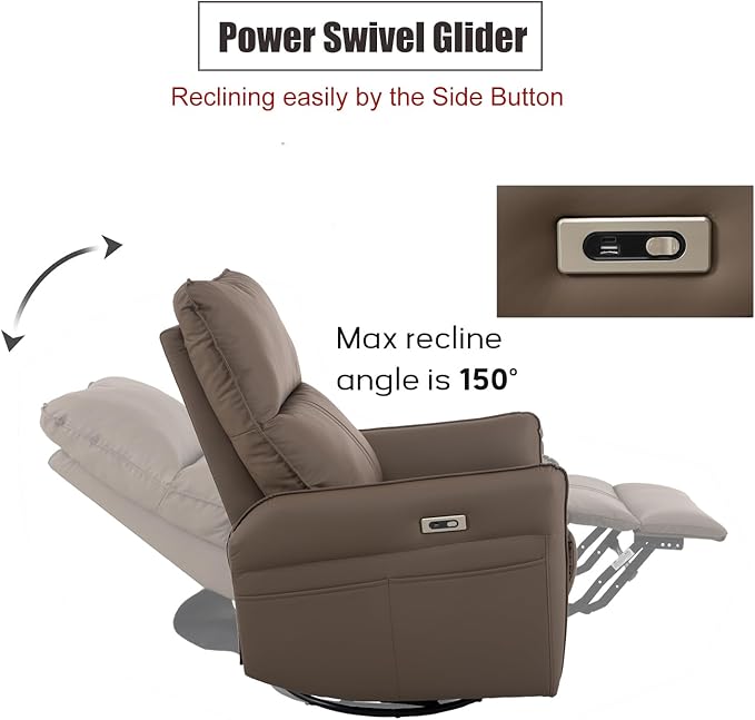 Ball &amp Cast Power Recliner Chair with USB and Type-c Ports270° Swivel Rocker Recliner Sofa W/Padded BackrestInfinite Position Power Lift Chairfor Living RoomBedroomHome TheatersBrown