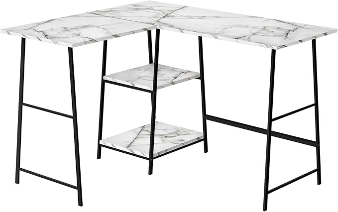 Penau L Shape Computer Desk for Home Office White Marble Look Laminate with Black Metal 48l Corner Desk with Storage Shelves