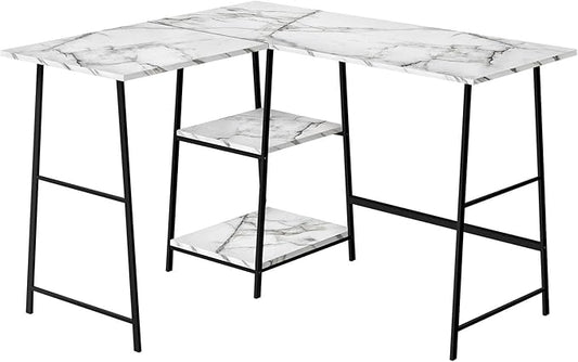 Penau L Shape Computer Desk for Home Office White Marble Look Laminate with Black Metal 48l Corner Desk with Storage Shelves