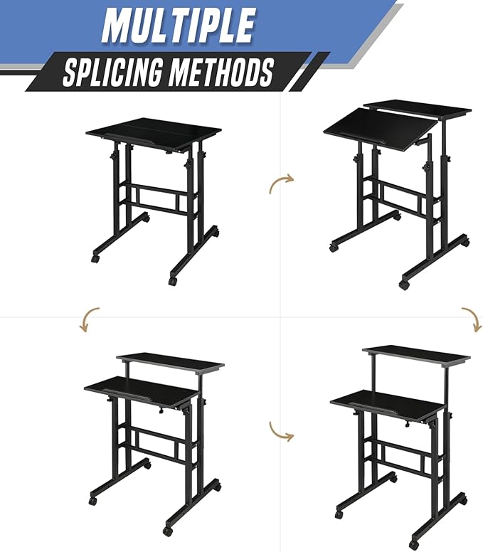 Small Standing Desk Adjustable Height and Angle Computer Laptop Desk Home Office Sit Standup Desk Portable Rolling Desk with Wheels 2 Platforms Black