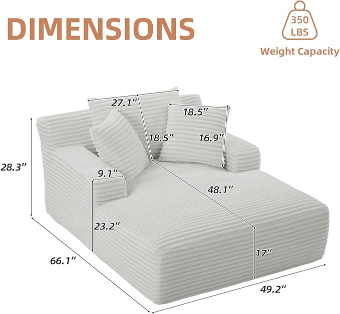 Oversized Chaise Lounge Chair Indoor Corduroy Sofa Bed with Throw Pillows Recliner Chair Comfy Large Deep Seat Sofa Couch for Living Room Bedroom Apartment (Light Grey)