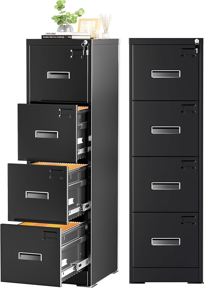 Incbruce 4 Drawer File Cabinet Metal File Storage Cabinet with Lock Vertical Filing Cabinet with Adjustable Hanging Frame for Home Office Easy Assemble (Black)
