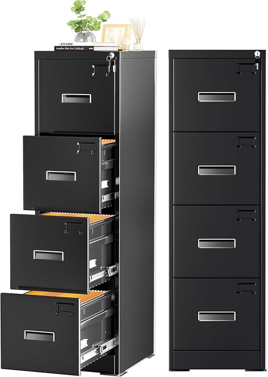 Incbruce 4 Drawer File Cabinet Metal File Storage Cabinet with Lock Vertical Filing Cabinet with Adjustable Hanging Frame for Home Office Easy Assemble (Black)
