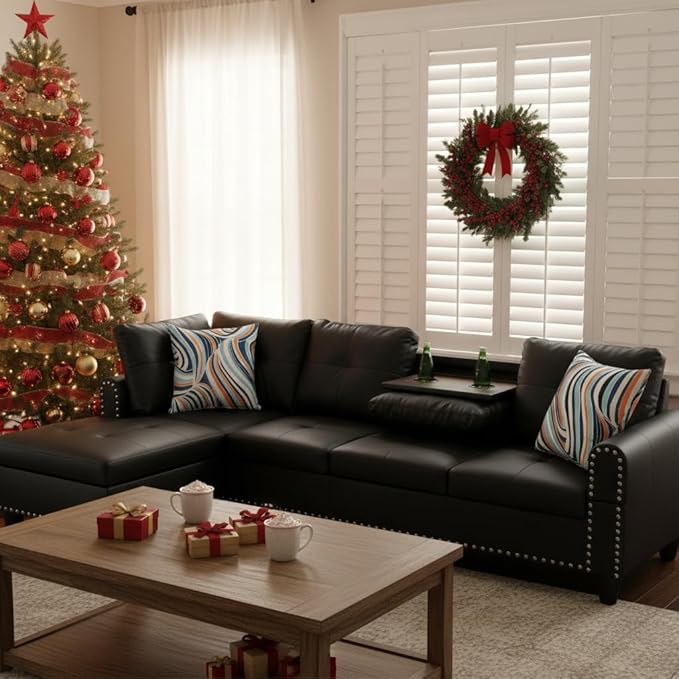 L-Shaped Sectional Sofa with Cup Holder Leather 4-Seat Couch with Chaise Lounge Modern Upholstered Living Room Furniture Black
