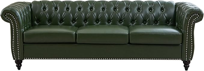 ORRD Chesterfield Sofa Leather Modern Faux PU Tufted Couch 3 Seater with Rolled Arms and Nailhead for Living Room Bedroom Office Apartment (Green)