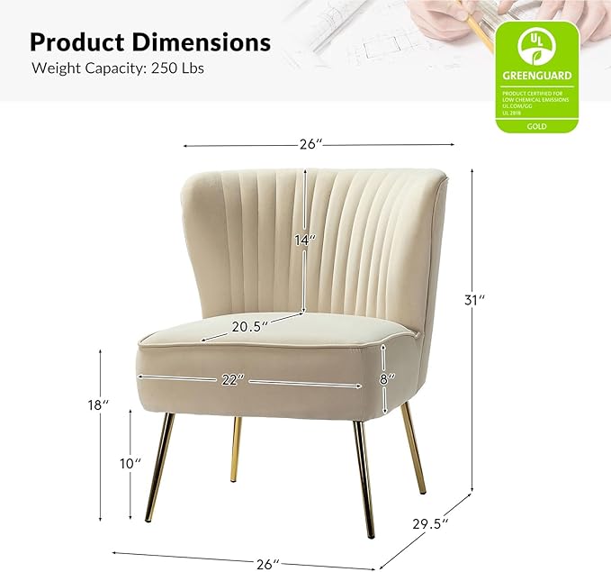 Tina's Home Velvet Armless Accent Chair Upholstered Modern Small Side Chair with Golden Legs Comfy Cute Wingback Slipper Chair for Living Room Study Beauty Room Thickly Padded(TAN)