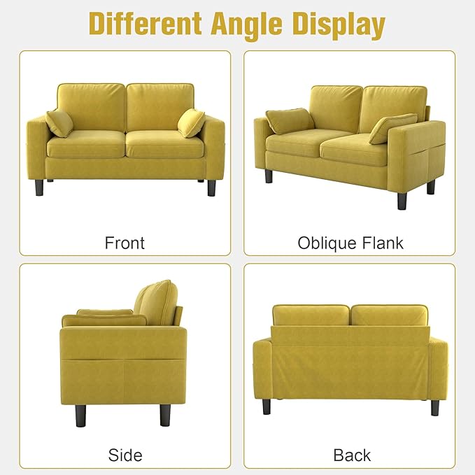 MOTION Loveseat Modern Sofa - Mid Century Couch with Soft Armrest Pillows for Living Room Comfy Office Furniture with Deep Seats Mustard Yellow