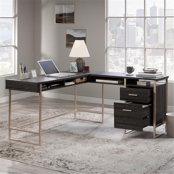 Pemberly Row L-Shaped Engineered Wood Desk Blade Walnut and Champagne Gold Finish 60 in Wide Work Surface Cord Management and Storage Drawers Modern Home Office Desk for Organizing Files