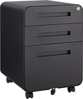 3 Drawer Metal File Cabinet with Lock Under Desk Mobile Filing Cabinet with 5 Wheels Anti-tilt Rolling Storage Organizer for Home Office Fits A4/Letter/Legal Standard Size Fully Assembled Black