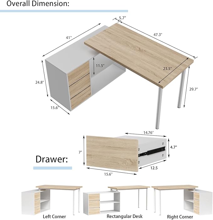 L Shape Computer Desk with 3 Drawers and 2 Shelves Home Office Desk Corner Small Desk with Storage Cabinet for Writing Study Executive – Walnut and White
