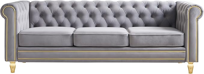 Homtique Modern Sofa Couch 3 Seater Couch Comfy Velvet Sofa with Button Tufted Rolled Arms and Gold Legs for Living Room Home Studio/Office Bedroom Grey