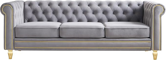 Homtique Modern Sofa Couch 3 Seater Couch Comfy Velvet Sofa with Button Tufted Rolled Arms and Gold Legs for Living Room Home Studio/Office Bedroom Grey