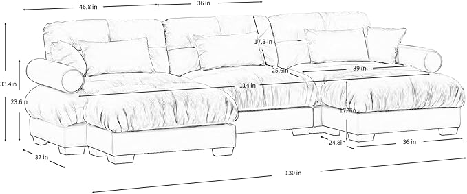 130 Oversized 3 Seater Modular Sectional Sofa Blue Large U Shaped Couch for Living Room Fluffy Velvet Cloud Set With Ottoman