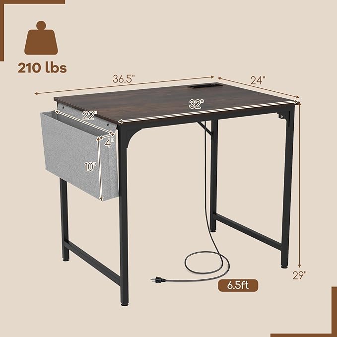 Tangkula 32” Computer Desk with Charging Station Modern Simple Study Writing Desk with Storage Bag Headphone Hook Sturdy Metal Frame Home Office Workstation