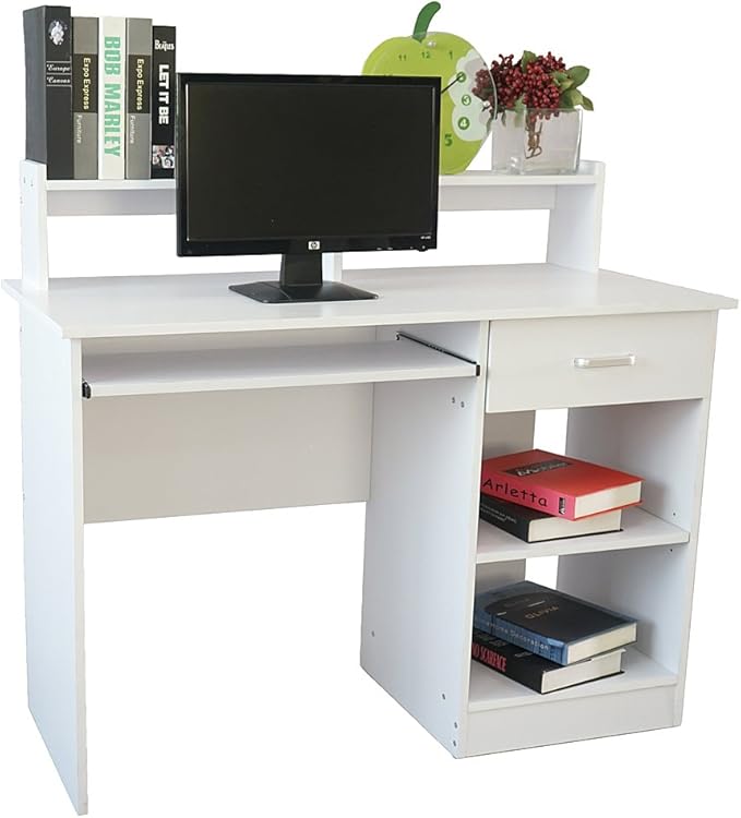 White Desks Workstations 110cm Office Desk Computer Workstations Computer Desk with Keyboard Tray Home Office Desks Writting Desk with Drawer 110 x 50 x 95cm L x W x H