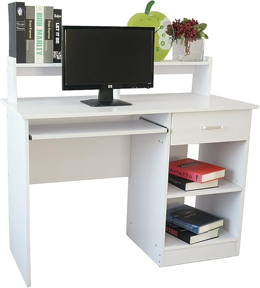 FCH Modern Study Writing Table Computer Desk Home Office Desk with Storage Drawers and Shelves Computer Workstation Wooden Furniture (White)