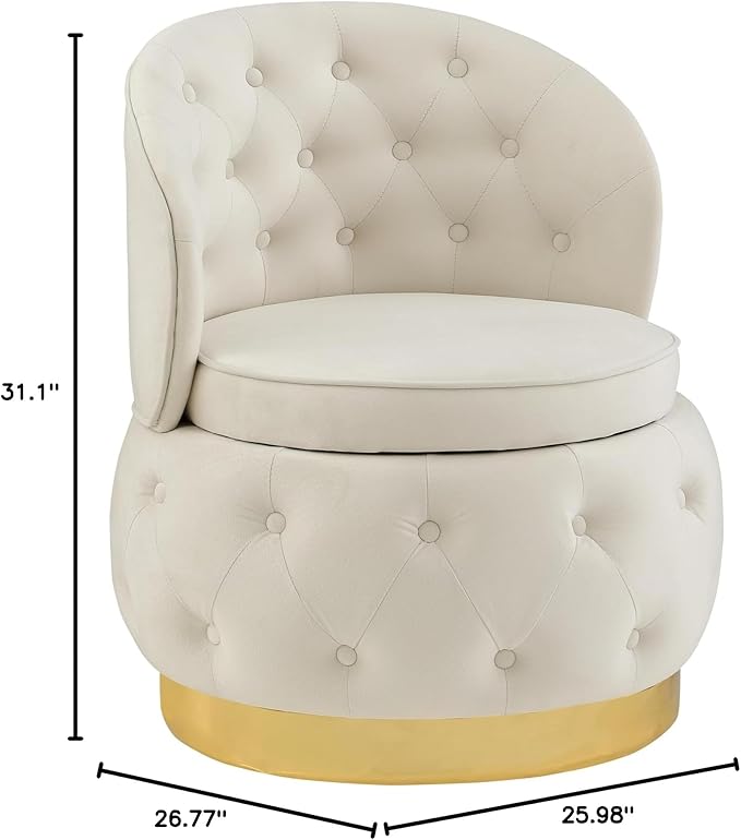 Hidden Storage Chair 360° Rotating Decorative Bucket Chair Modern Small Bedroom Living Room Office Waiting Room Velvet Sofa Beige
