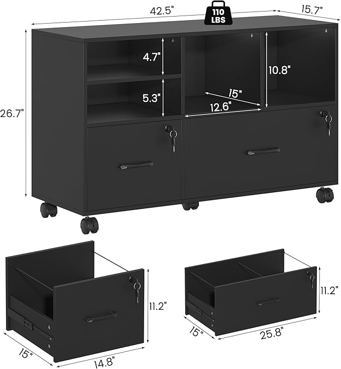 2 Drawer Wood Mobile Large Lateral File Cabinet Lockable Rolling Filing Cabinet with Storage Shelves Printer Stand Office Storage Cabinet for Home Office Fits Files Legal/A4 Black