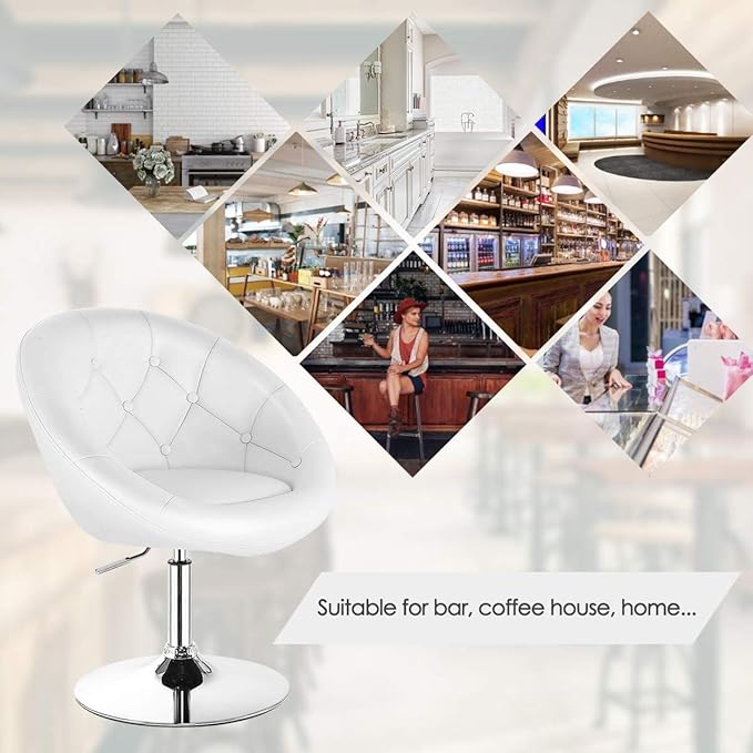 LDAILY LUARANE Modern Vanity Chair Height Adjustable PU Leather Accent Chair with Metal Frame Round Tufted Back Tilt Swivel Makeup Chair for Living Room Bedroom Lounge Pub White (1)