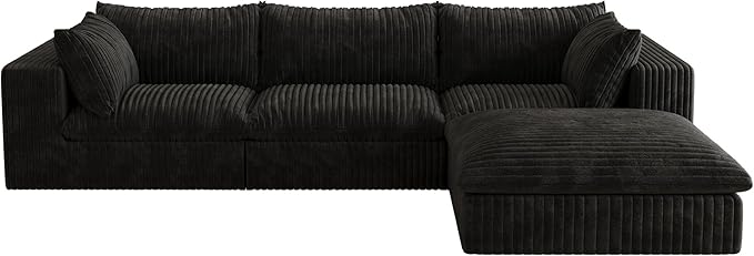 118.2 L Shaped Modular Boneless Sofa with Ottoman Cloud Sectional Couches for Living Room Deep Seat Corduroy Upholstered Couch Furniture Set No Assembly Required(Black 3 Seater+1 Ottoman)
