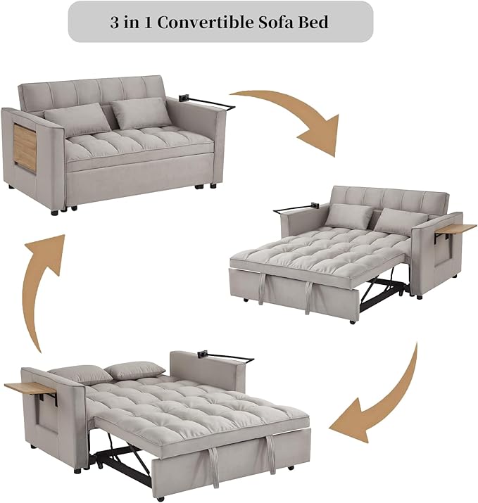 Loveseat Sleeper Sofa 3 in 1 Convertible Sofa Bed Adjustable Backrest Comfy Pull Out Couch Modern Upholstered Sofa for Living Room Bedroom Apartment Small Space (Grey with Side Table)