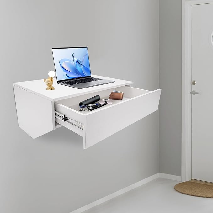 LYNICESHOP Wall Mounted Desk with Drawer 28.4x19.2in Floating Desk 110lbs Capacity Space Saving White Writing Desk for Small Spaces Home Office