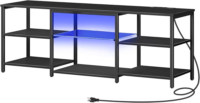 HOOBRO LED TV Stand for 65 Inch TVs with Charging Station Gaming Entertainment Center with 3-Tier Open Storage Long Media TV Console Table TV Stand for Living Room Bedroom Black BB20UDDS01