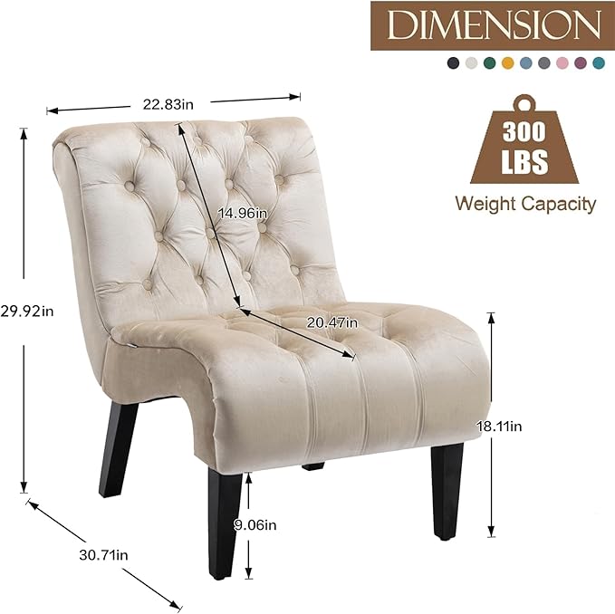 KINFFICT Velvet Accent Lounge Chair for Living Room Modern Leisure Chair with Tufted Backrest Indoor Armless Side Chair Upholstered Bedroom Sleeper Chairs with Solid Wood Legs