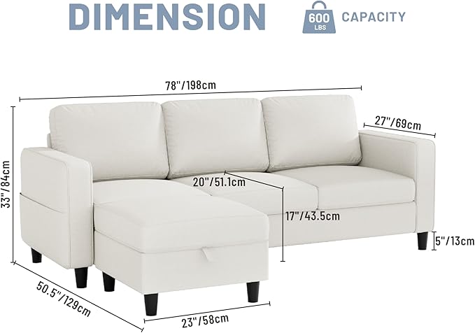 Sectional Couches for Living Room Convertible 3 Seater Sofas 78 L Shaped Couch with Removable Storage Ottoman Modern Linen Beige Sofa for Apartments Studios Dorms Small Spaces | 78 Small Sectional