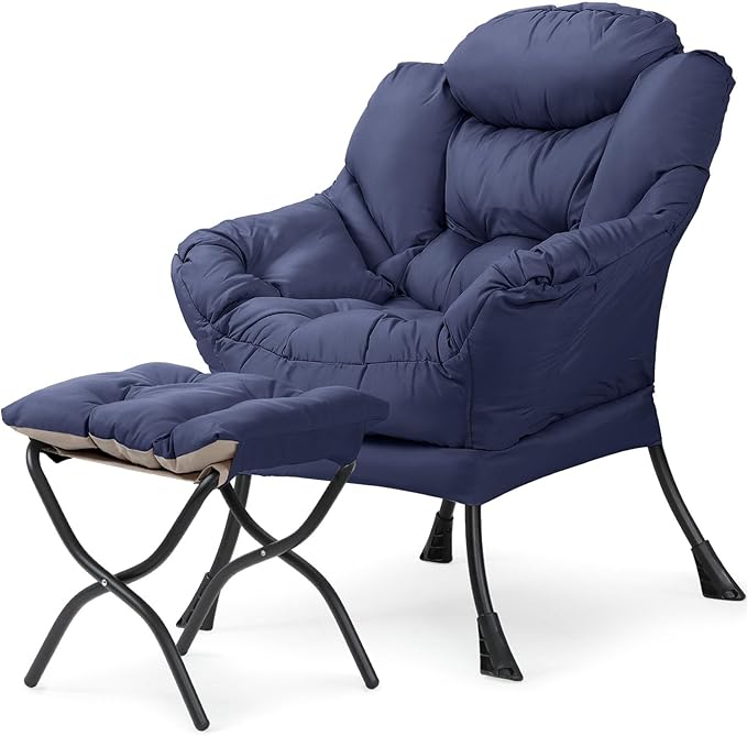 Living Room Chair with Ottoman Modern Lounge Accent Chair with Armrests and a Side Pocket Leisure Upholstered Sofa Lazy Chair Reading Chair with Footrest for Small Space (Navy Blue)