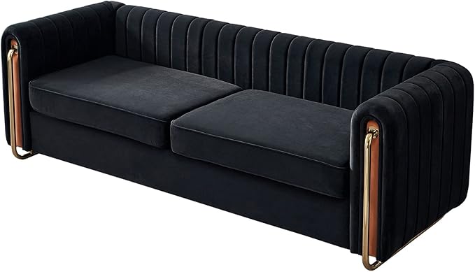 Dolonm Modern Velvet Sofa for Living Room 84 Inches Long Upholstered Sofa Couch with High Armrest and Metal Legs Decor Furniture for Bedroom Office (Black)