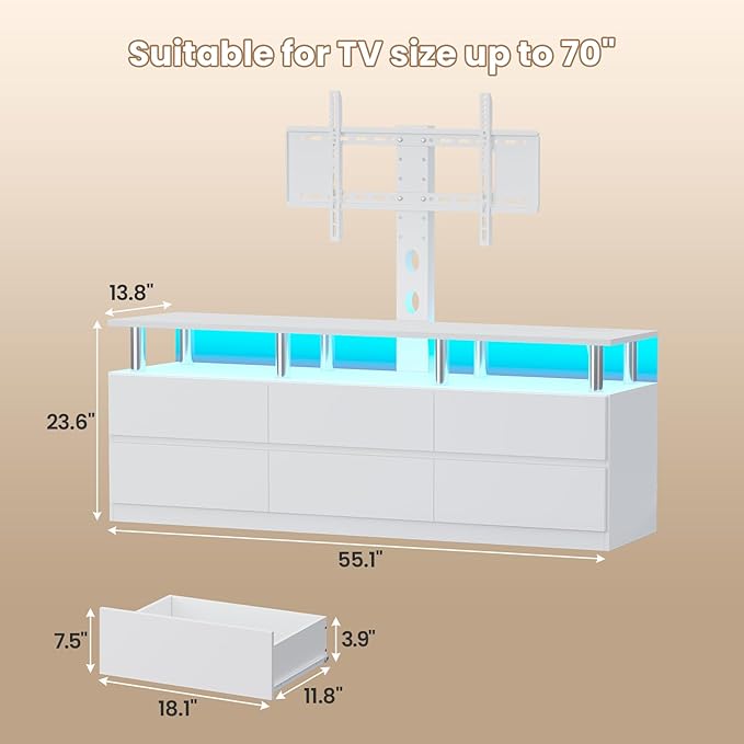 ADORNEVE TV Stand with Mount and Power Outlet TV Mount for 32/45/55/60/65/70 inch TVs Modern LED TV Stand with 6 DrawersWhite Entertainment Center for Living RoomBedroom