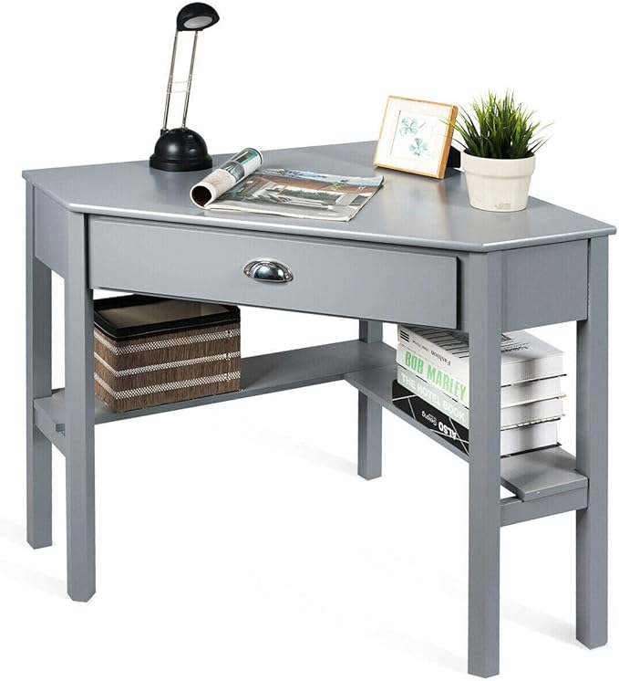 Corner Desk Compact Home Office Corner Desk Organizer90 Degrees Triangle Computer Laptop Writing Table for Small Spaces with Storage Shelf and Drawer (Gray)