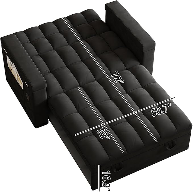 65 Modern Velvet Double Sofa 3 in 1 Foldable Computer Desk Sofa Bed with Adjustable Backrest Storage Bag and Pillow Hidden Living Room Laptop Desk with USB Port (Black)